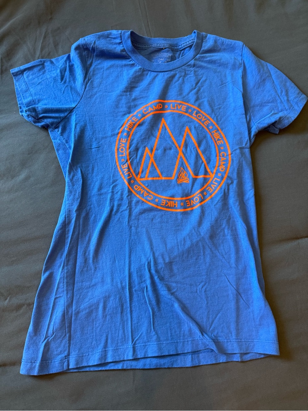 Blue Graphic Camping Tee with Orange Logo